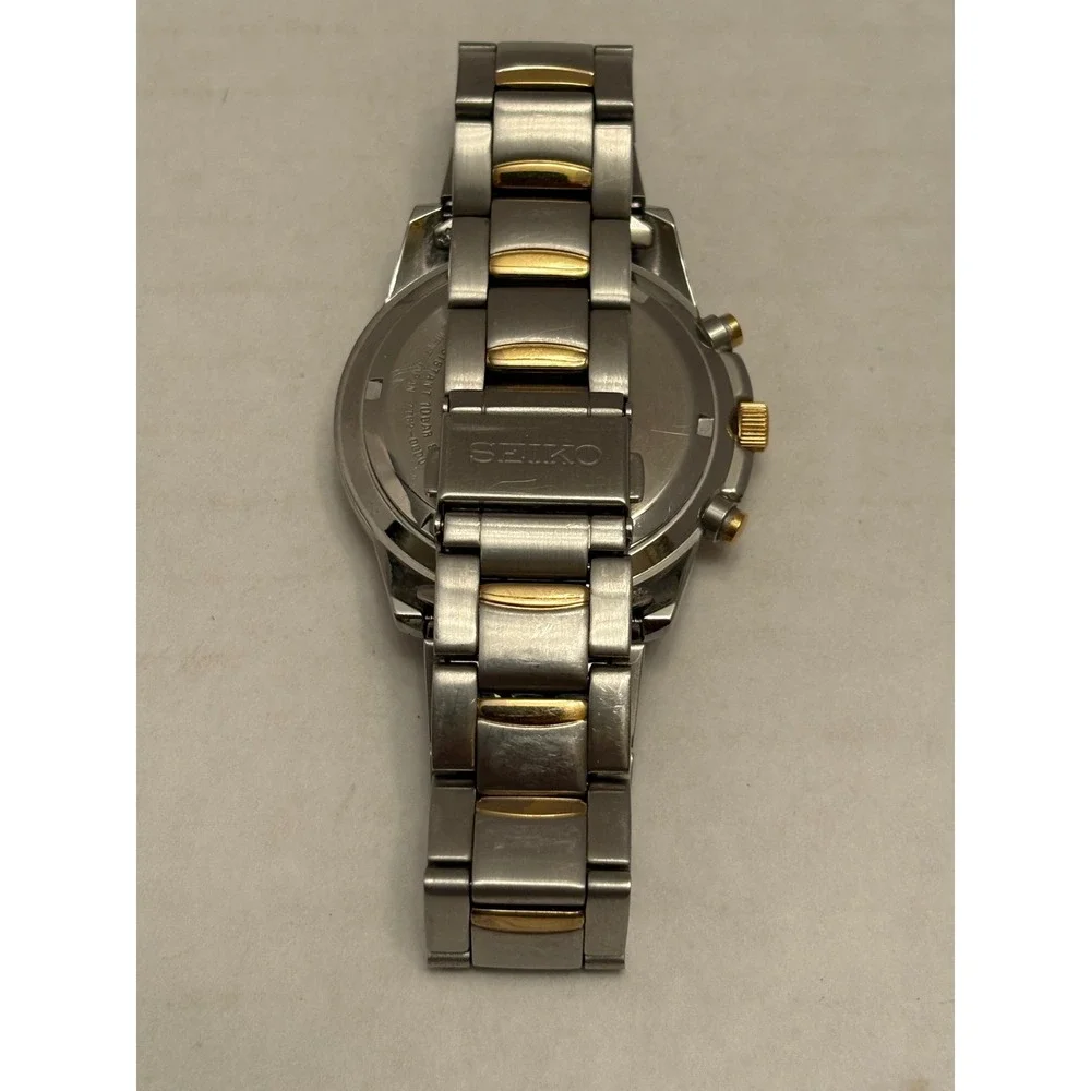 Seiko Chronograph 100M Two Tone Alarm Watch 7T62-0CD0 Silver Gold Steel